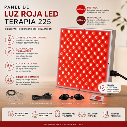 Panel de Terapia de Luz Roja LED 225 – Recuperación Muscular y Bienestar en Casa