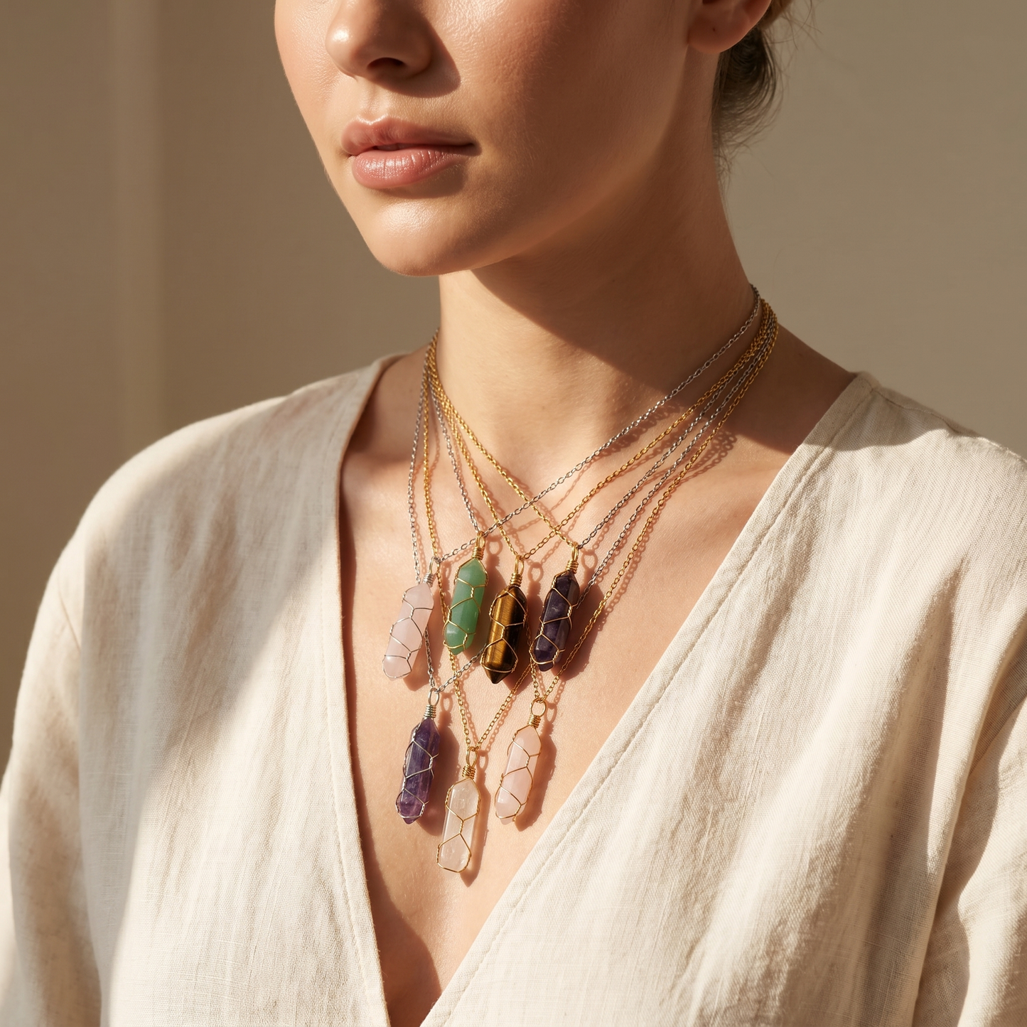 Collar de Piedra Natural y Cristal - Colgante Hexagonal Energético