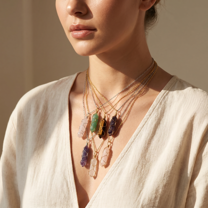 Collar de Piedra Natural y Cristal - Colgante Hexagonal Energético