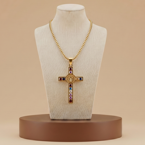 Collar Cruz San Benito con Circonitas - Oro y Plata