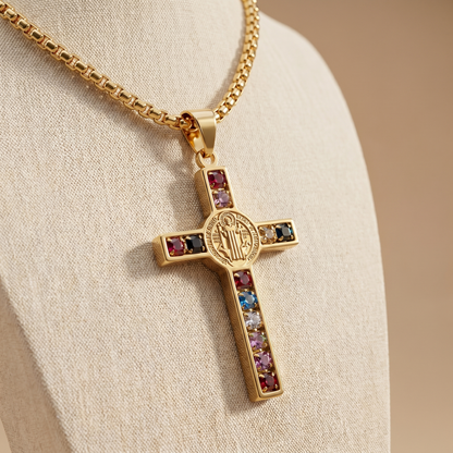 Collar Cruz San Benito con Circonitas - Oro y Plata