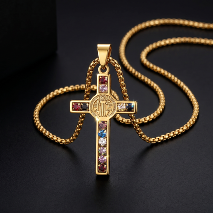 Collar Cruz San Benito con Circonitas - Oro y Plata